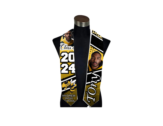 Custom 2024 Graduation Stole, Black and Gold Design