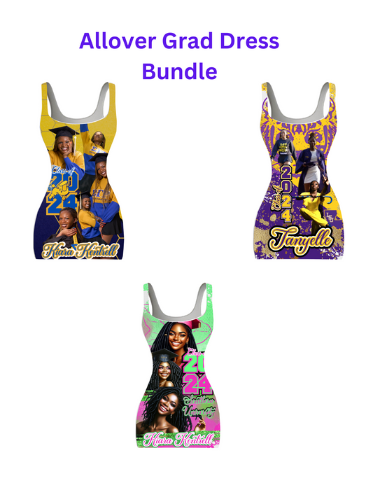 Allover Graduation Dress Bundle, This Bundle Contains 3 Editable Allover Graduation Dress Designs in Pink and Green, Purple And Gold and Blue and Gold, Master Resell and PLR included.