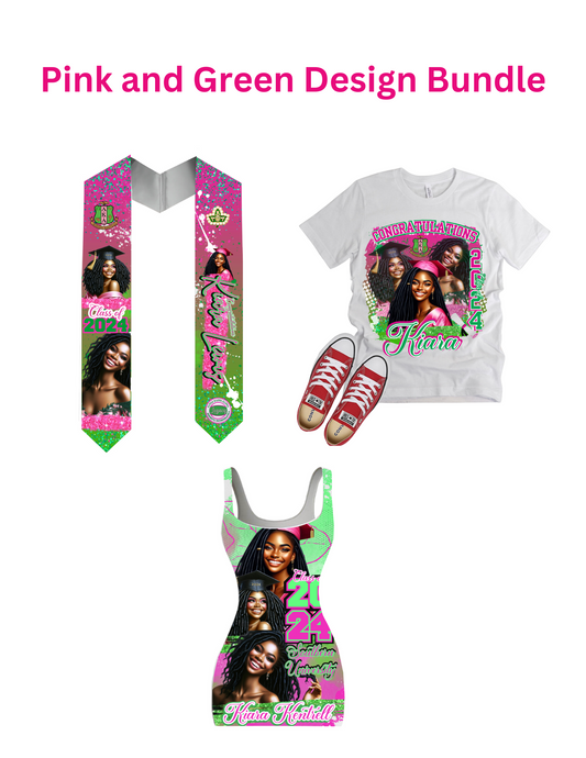 Editable Pink and Green Graduation Bundle, This Bundle Contain 3 Pink and Green Grad Designs that include Grad Stole, Center T-shirt Design and Allover Graduation Dress Design. The Master Resale Rights and PLR is also included with purchase.